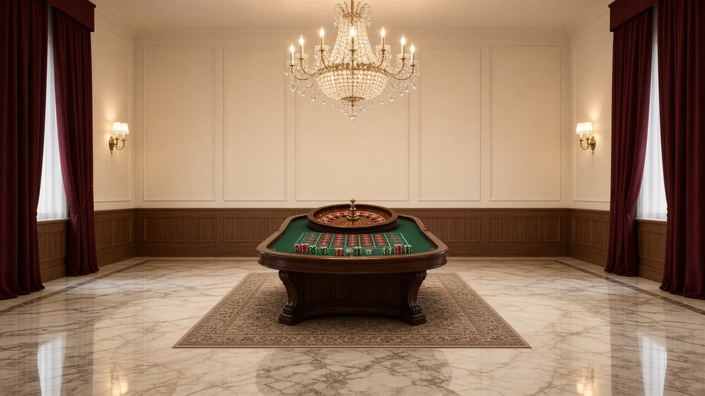 Ruleta v hlavnej herni Corvella Rooms, prázdny sál s lustrami