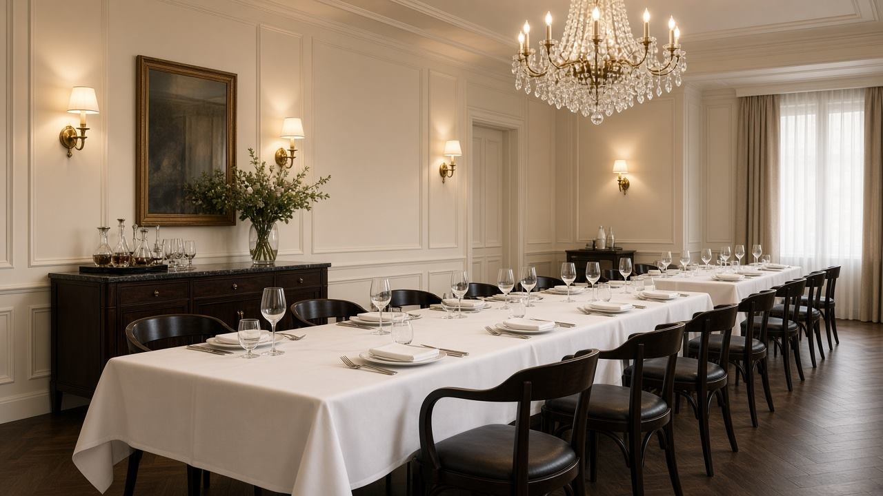 Reštaurácia Corvella Rooms s prestretými stolmi a lustom